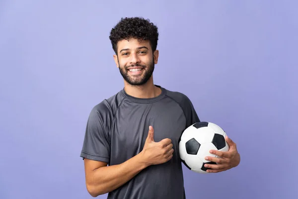 Handsome Moroccan Young Football Player Man Isolated Purple Background Giving — Stock Photo, Image