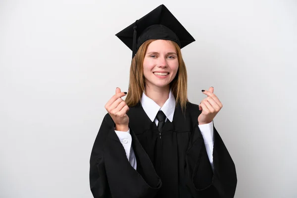Νεαρή Απόφοιτος Πανεπιστημίου Αγγλίδα Γυναίκα Απομονωμένη Λευκό Φόντο Κάνοντας Χειρονομία — Φωτογραφία Αρχείου