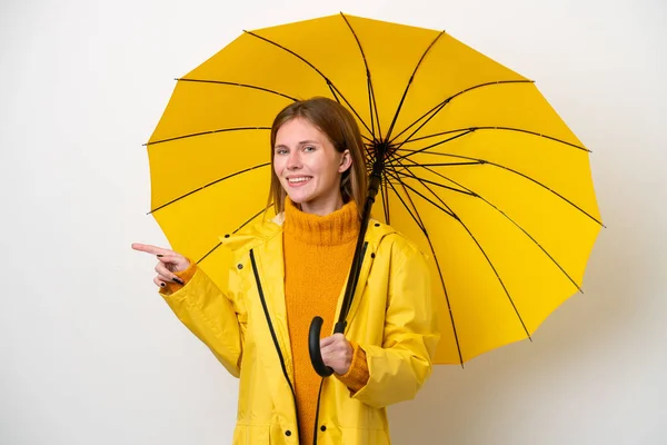 Joven Mujer Inglesa Con Abrigo Impermeable Paraguas Aislado Sobre Fondo —  Fotos de Stock