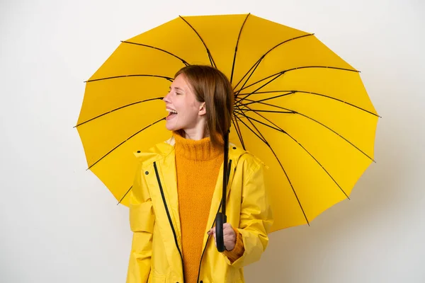 Jovem Inglesa Com Capa Impermeável Guarda Chuva Isolada Fundo Branco — Fotografia de Stock