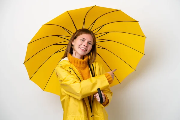 Mujer Inglesa Joven Con Abrigo Impermeable Paraguas Aislado Sobre Fondo — Foto de Stock