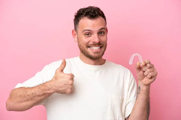 Brazilian Man Holding Invisible Braces Thumbs Because Something Good Has — Foto Stock