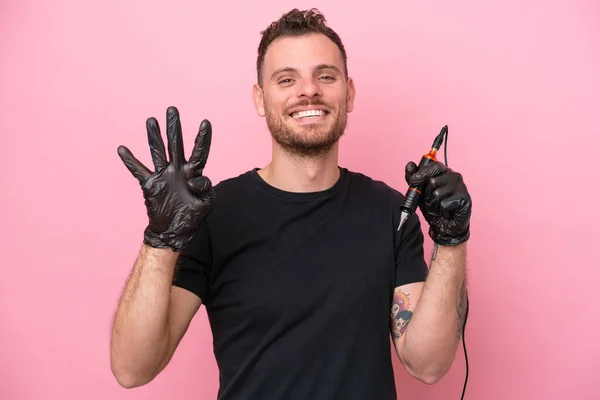 Tattoo Artist Brazilian Man Isolated Pink Background Happy Counting Four — Stockfoto