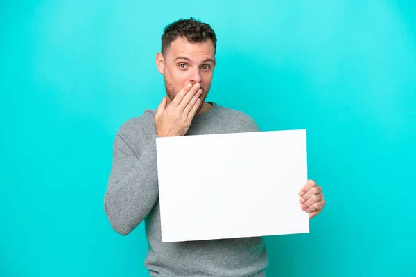 Young Brazilian Man Holding Empty Placard Isolated Blue Background Holding — Stok fotoğraf