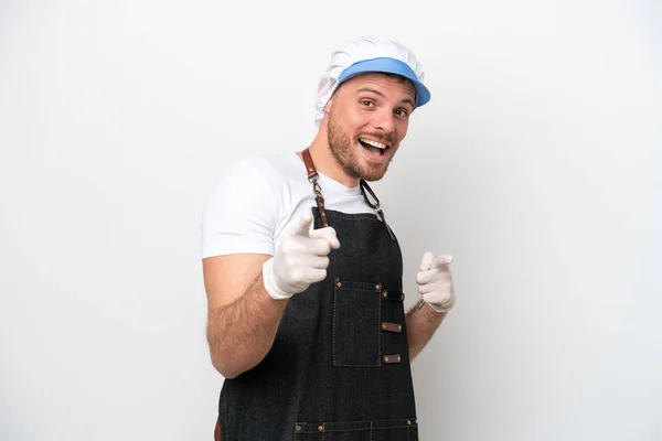 Fishmonger Man Wearing Apron Isolated White Background Pointing Front Smiling — Zdjęcie stockowe