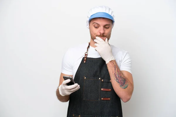 Fishmonger Man Wearing Apron Isolated White Background Thinking Sending Message —  Fotos de Stock