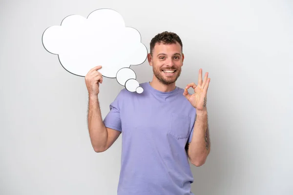Young Brazilian Man Isolated White Background Holding Thinking Speech Bubble — Stock fotografie