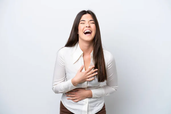 Giovane Donna Brasiliana Isolata Sfondo Bianco Sorridente Molto — Foto Stock