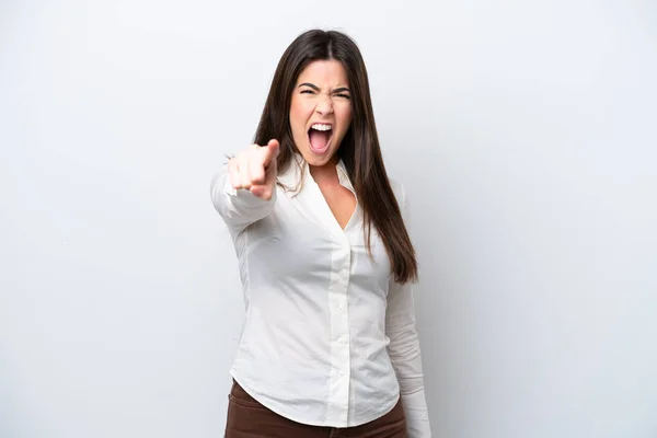 Young Brazilian Woman Isolated White Background Frustrated Pointing Front — Stock Photo, Image