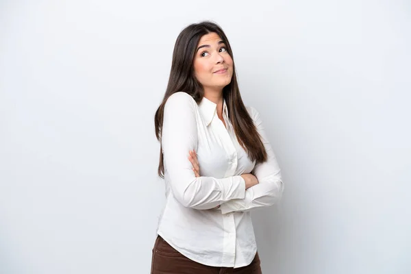 Young Brazilian Woman Isolated White Background Making Doubts Gesture While — Stock Photo, Image