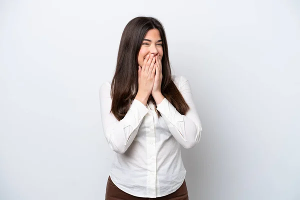 Young Brazilian Woman Isolated White Background Happy Smiling Covering Mouth — Stock Photo, Image