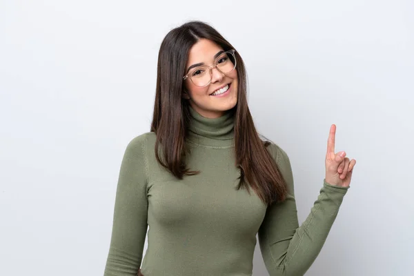 Young Brazilian Woman Isolated White Background Showing Lifting Finger Sign — ストック写真