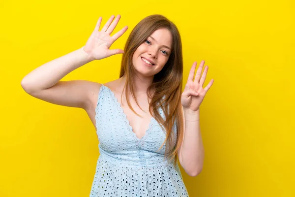 Young Caucasian Woman Isolated Yellow Background Counting Nine Fingers — Stock Photo, Image