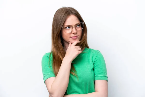 Young Caucasian Woman Isolated White Background Glasses Having Doubts — 图库照片