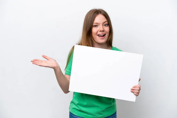 Young Caucasian Woman Isolated White Background Holding Empty Placard Surprised — Stock Photo, Image