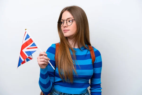 Jeune Femme Caucasienne Tenant Drapeau Royaume Uni Isolé Sur Fond — Photo