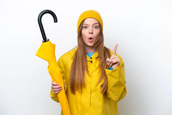 Jeune Femme Caucasienne Avec Manteau Imperméable Parapluie Isolé Sur Fond — Photo