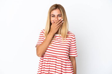 Sarışın Uruguaylı kız beyaz arka planda izole edilmiş mutlu ve gülümseyen bir ağızla el ele.