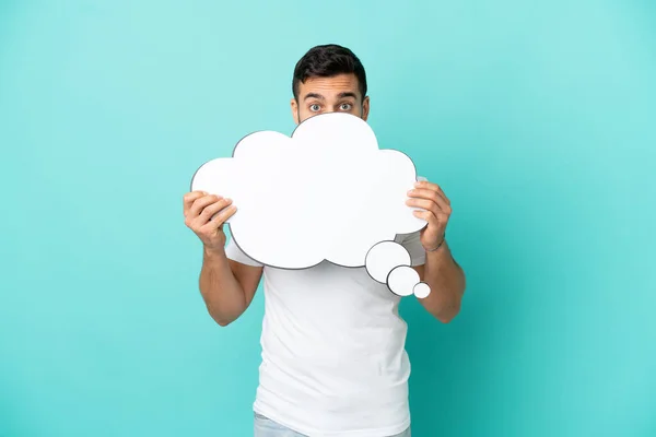 Young Handsome Caucasian Man Isolated Blue Background Holding Thinking Speech — Stock fotografie