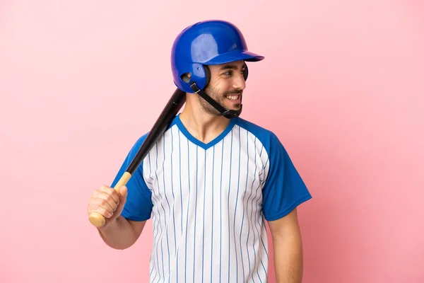 Baseball Player Helmet Bat Isolated Pink Background Looking Side — Φωτογραφία Αρχείου