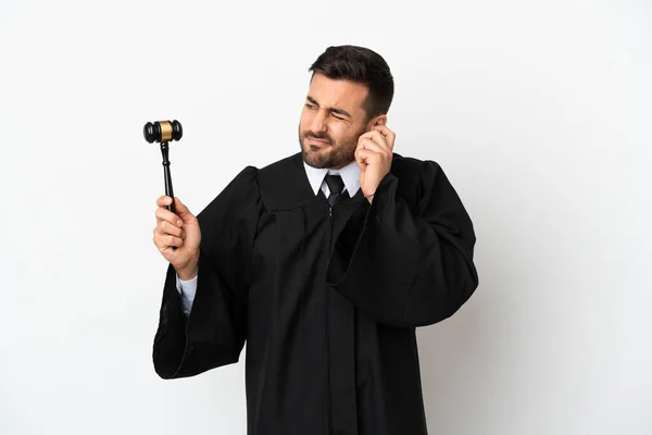 Judge Caucasian Man Isolated White Background Frustrated Covering Ears — стоковое фото