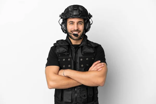 Young Caucasian Swat Isolated White Background Keeping Arms Crossed Frontal — Φωτογραφία Αρχείου