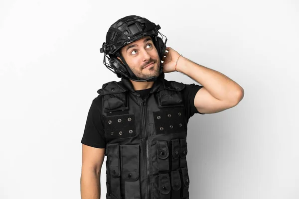 Young Caucasian Swat Isolated White Background Thinking Idea — Φωτογραφία Αρχείου