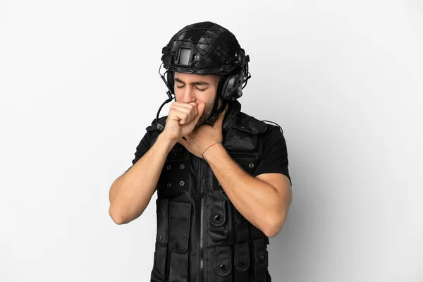 Young Caucasian Swat Isolated White Background Suffering Cough Feeling Bad — Photo