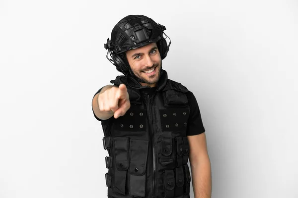 Young Caucasian Swat Isolated White Background Points Finger You Confident — Stockfoto