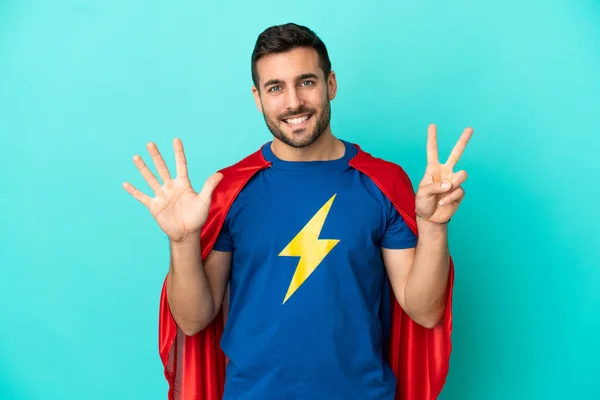 Super Hero Caucasian Man Isolated Blue Background Counting Seven Fingers — Stock fotografie