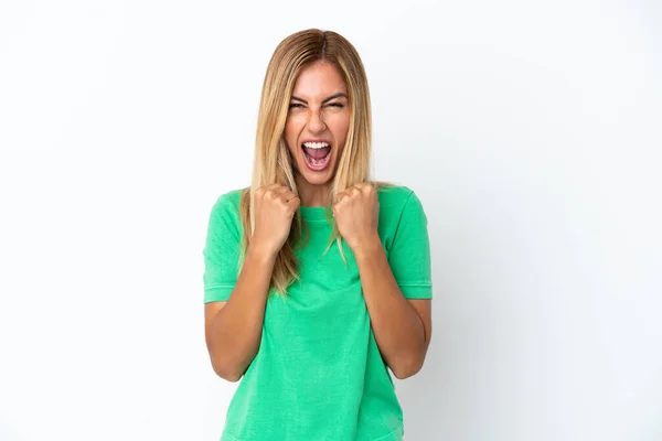 Blond Uruguayaans Meisje Geïsoleerd Witte Achtergrond Gefrustreerd Door Een Slechte — Stockfoto