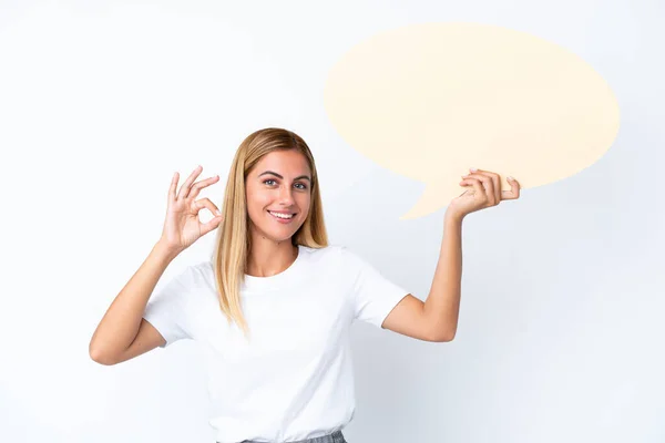 Blonde Uruguayan Girl Isolated White Background Holding Empty Speech Bubble — Stock Photo, Image