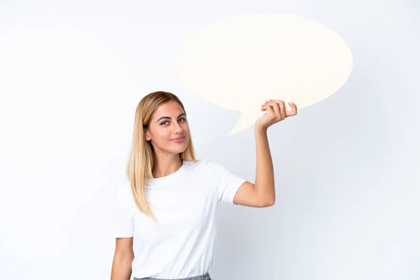 Loira Uruguaia Menina Isolada Fundo Branco Segurando Uma Bolha Fala — Fotografia de Stock