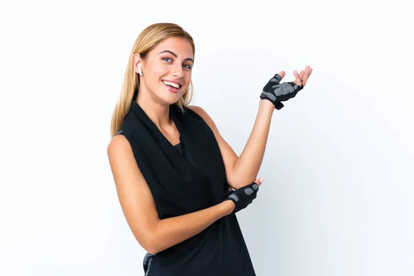 Blonde Uruguayan Sport Girl Isolated White Background Extending Hands Side — Stock Photo, Image