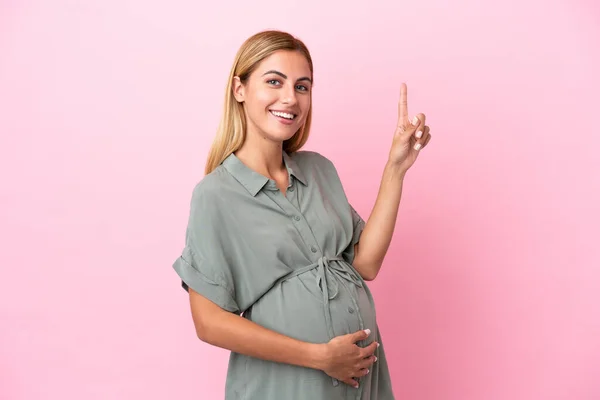 Jeune Femme Uruguayenne Isolée Sur Fond Bleu Enceinte Pointant Vers — Photo