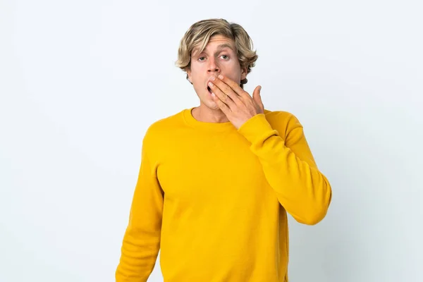 English Man Isolated White Background Yawning Covering Wide Open Mouth — Stock Photo, Image