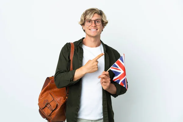 Ung Engelsk Kvinna Med Brittisk Flagga Som Pekar Sidan För — Stockfoto