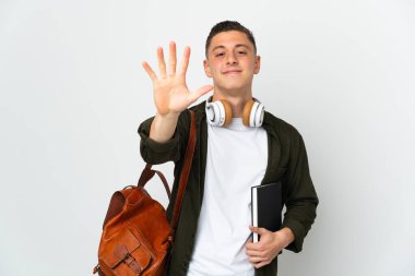 Young caucasian student man isolated on white background counting five with fingers