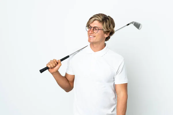 Inglês Homem Jogando Golfe Olhando Para Lado Sorrindo — Fotografia de Stock