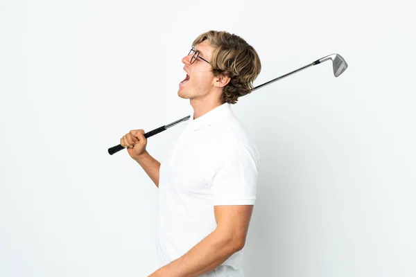 Inglês Homem Jogando Golfe Rindo Posição Lateral — Fotografia de Stock