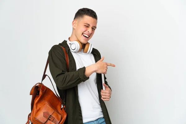 Young Caucasian Student Man Isolated White Background Pointing Finger Side — 图库照片
