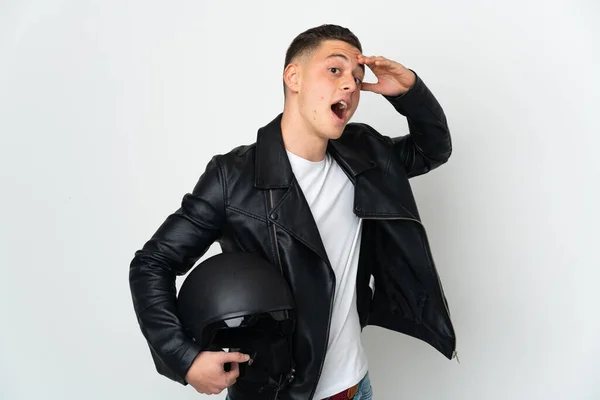 Caucasian Man Motorcycle Helmet Isolated White Background Doing Surprise Gesture — Stockfoto