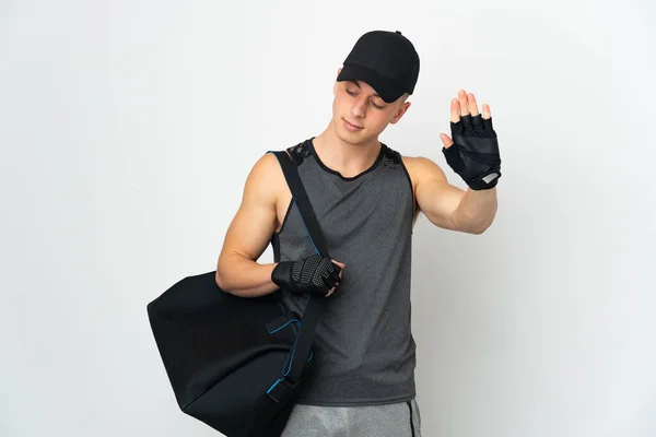 Young Sport Caucasian Man Bag Isolated White Background Making Stop — Fotografia de Stock