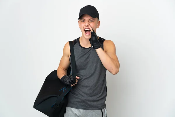 Young Sport Caucasian Man Bag Isolated White Background Shouting Mouth — Φωτογραφία Αρχείου