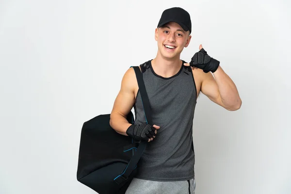 Young Sport Caucasian Man Bag Isolated White Background Making Phone — Foto de Stock