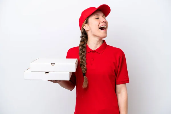 Mulher Entrega Pizza Com Uniforme Trabalho Pegando Caixas Pizza Isoladas — Fotografia de Stock