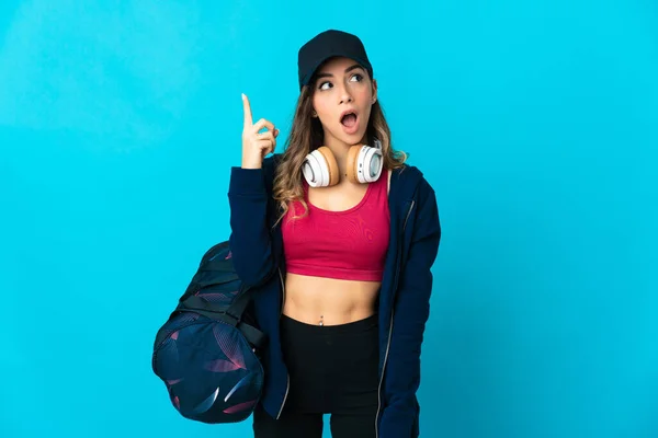 Young Sport Woman Sport Bag Isolated Blue Background Intending Realizes — ストック写真