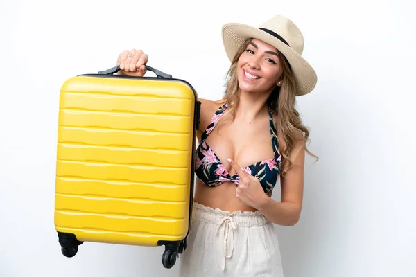 Meisje Badpak Zomervakantie Geïsoleerd Witte Achtergrond Vakantie Met Reiskoffer — Stockfoto