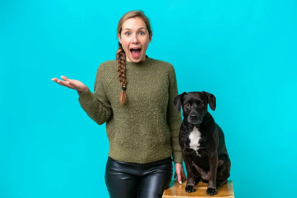 Young Caucasian Woman Her Dog Isolated Blue Background Shocked Facial — 스톡 사진