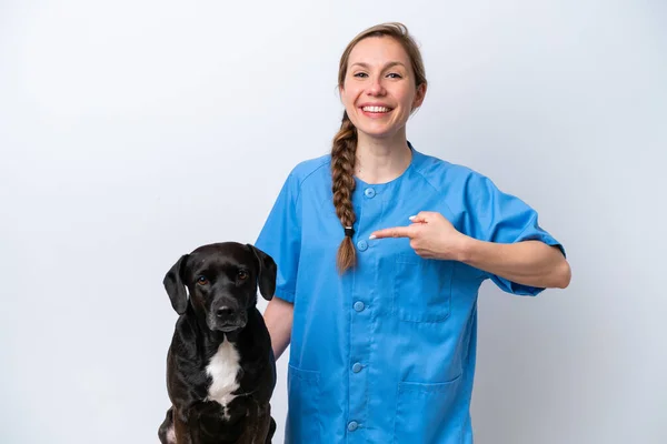 Junge Tierärztin Mit Hund Isoliert Auf Weißem Hintergrund Und Zeigt — Stockfoto